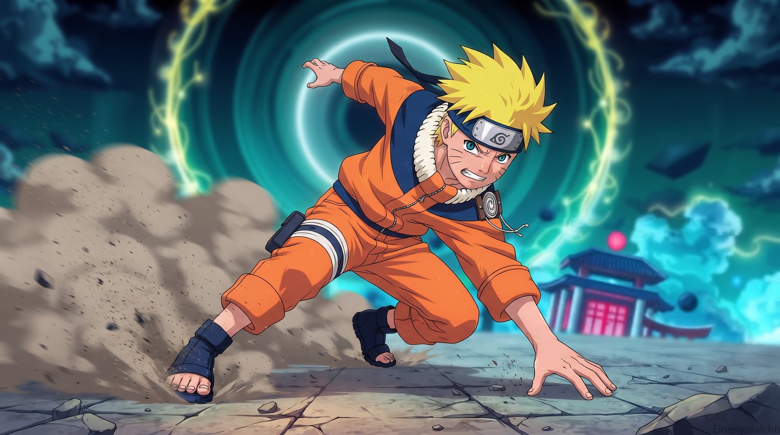 Naruto Uzumaki wearing his Leaf Village headband in a dynamic ninja battle pose