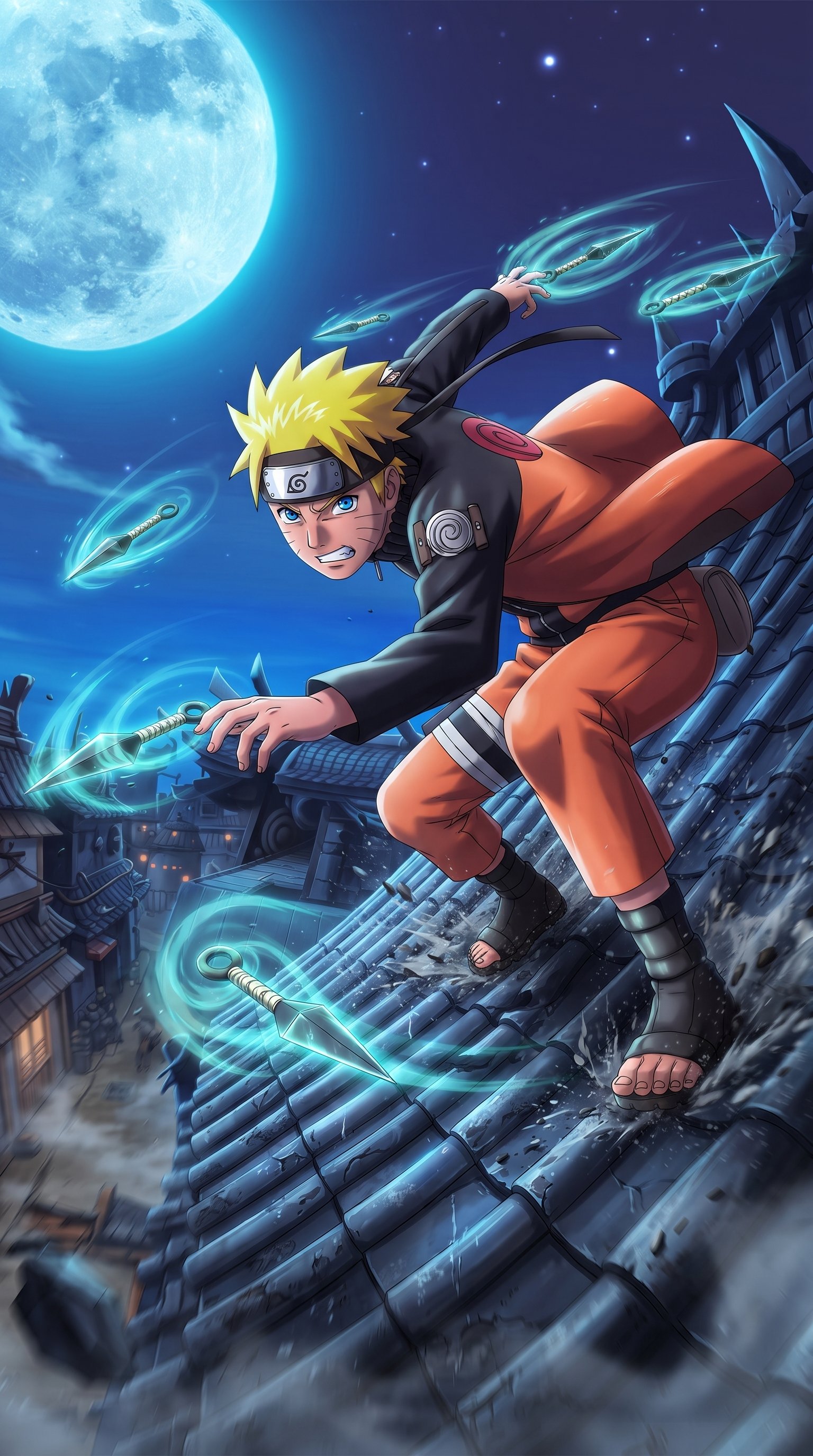 Naruto Uzumaki wearing his Leaf Village headband in a dynamic ninja battle pose