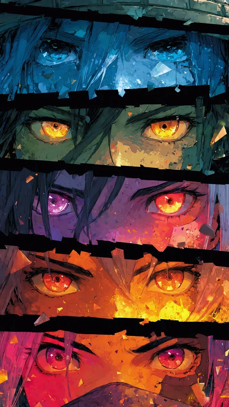 Colorful Expressive Anime Eyes Collage vertical phone wallpaper