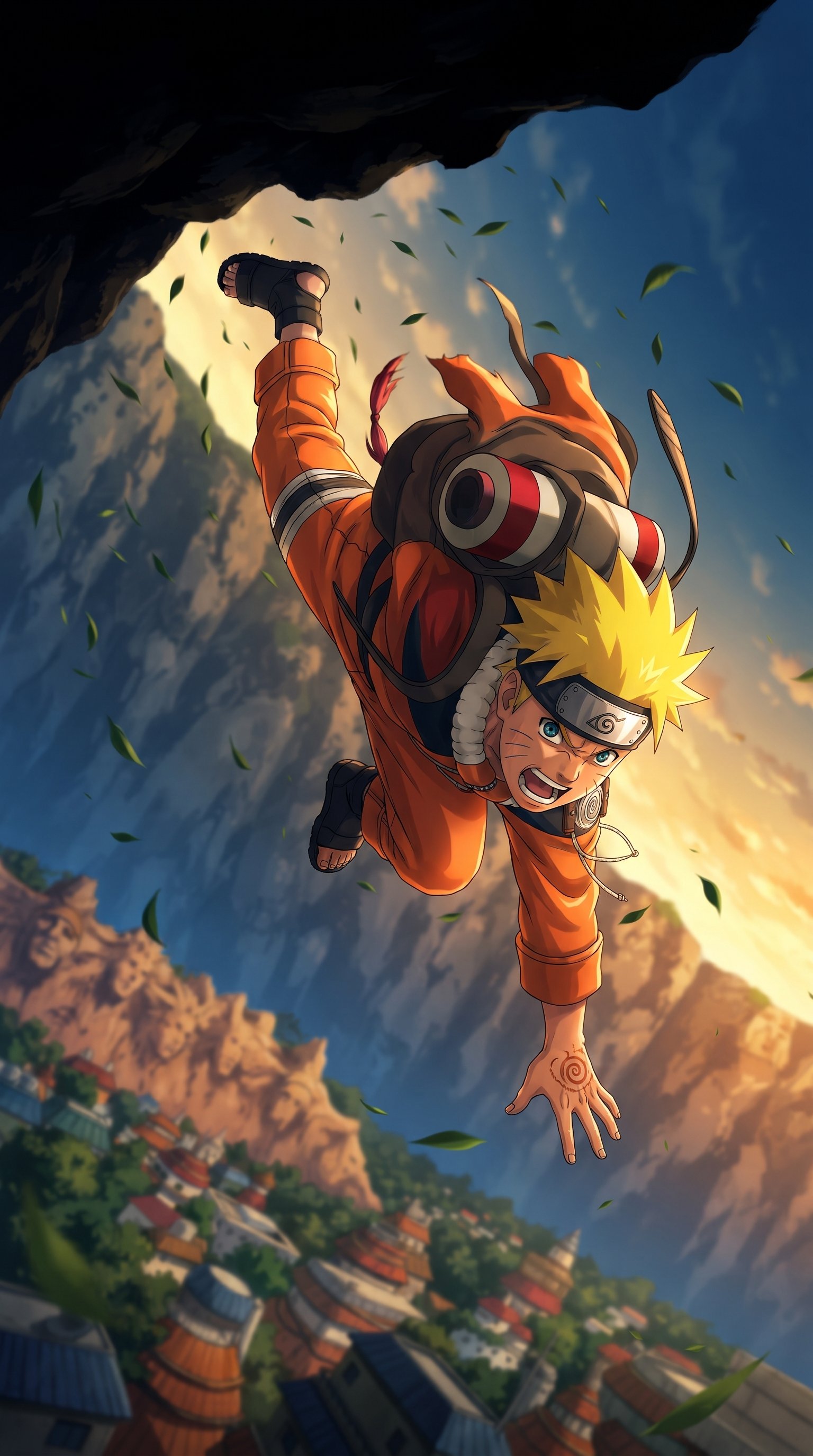 Naruto Uzumaki powering up a glowing Rasengan in an intense anime battle pose.