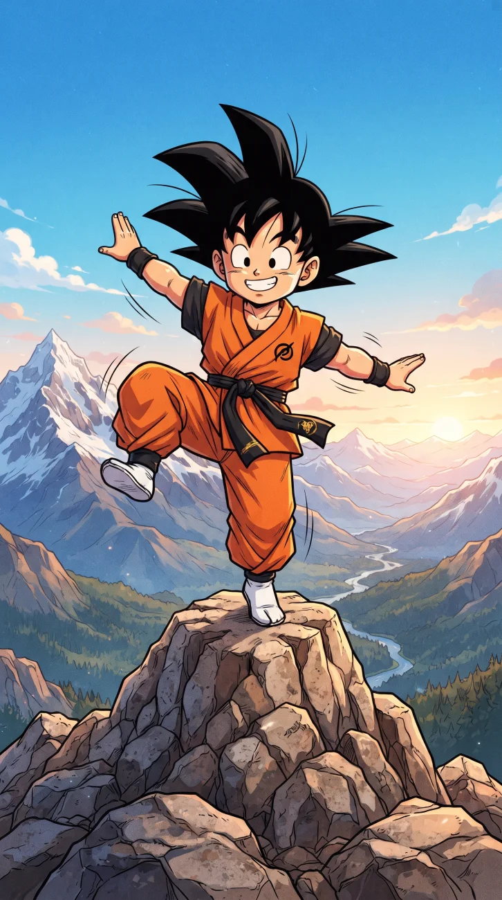 An adventurous Goku wallpaper featuring young Goku balancing on a rocky mountain peak with mountains and a beautiful sky in the distance.