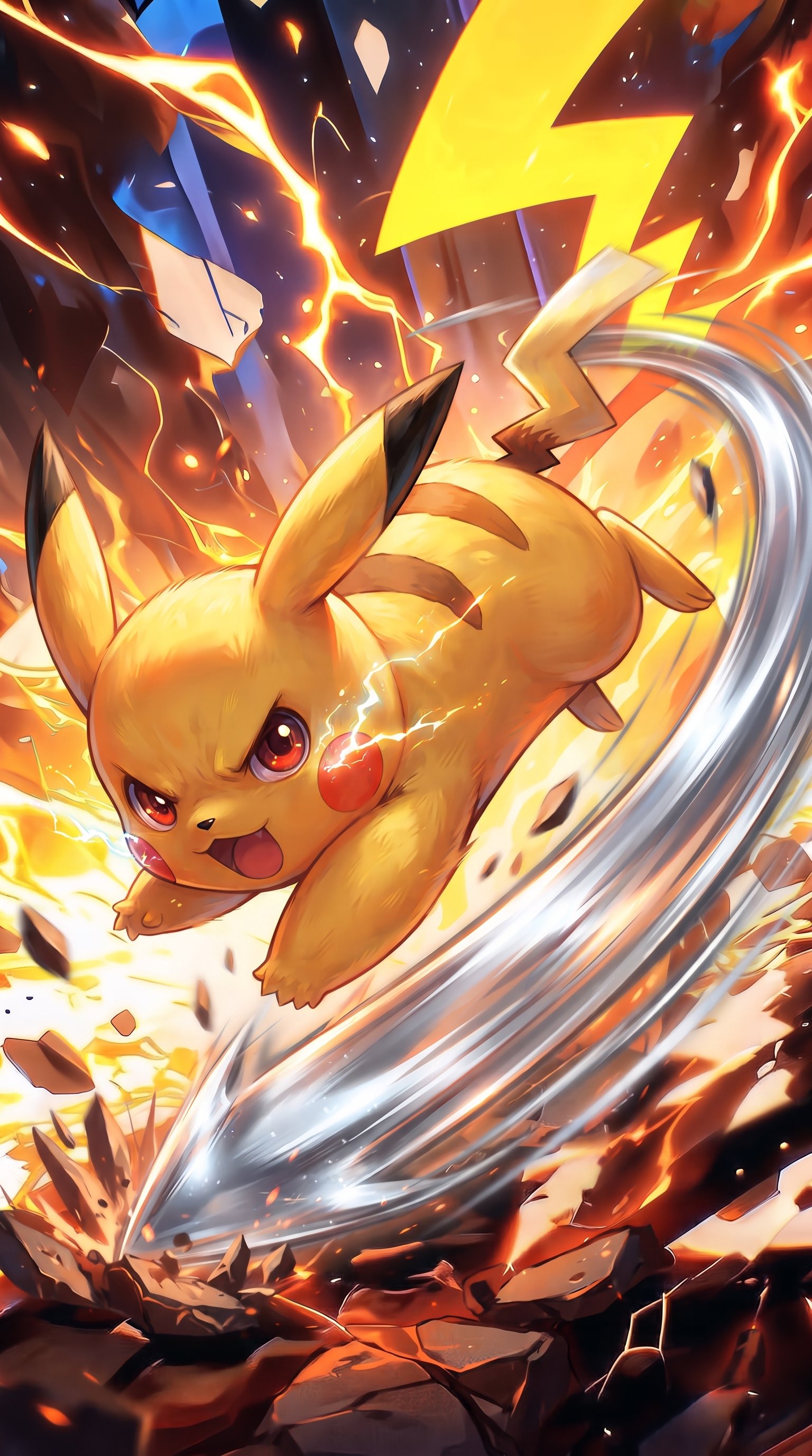 Pikachu standing in an action pose surrounded by yellow glowing electric sparks and lightning bolts