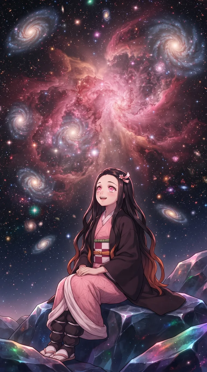 Cute Nezuko Kamado holding her bamboo muzzle with soft pink aesthetic lighting in Demon Slayer