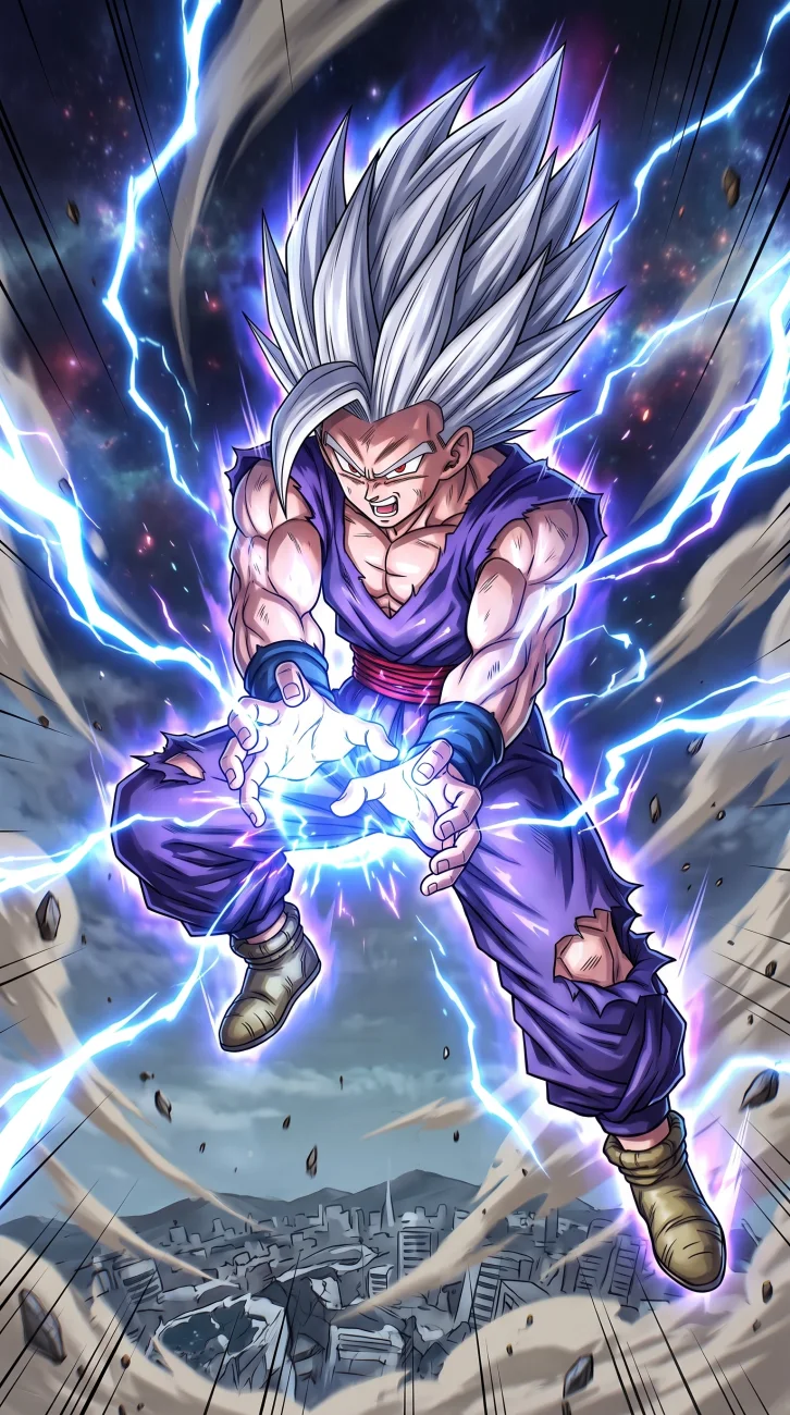 Ultimate Gohan in his classic orange kame gi with a confident expression and sharp white aura