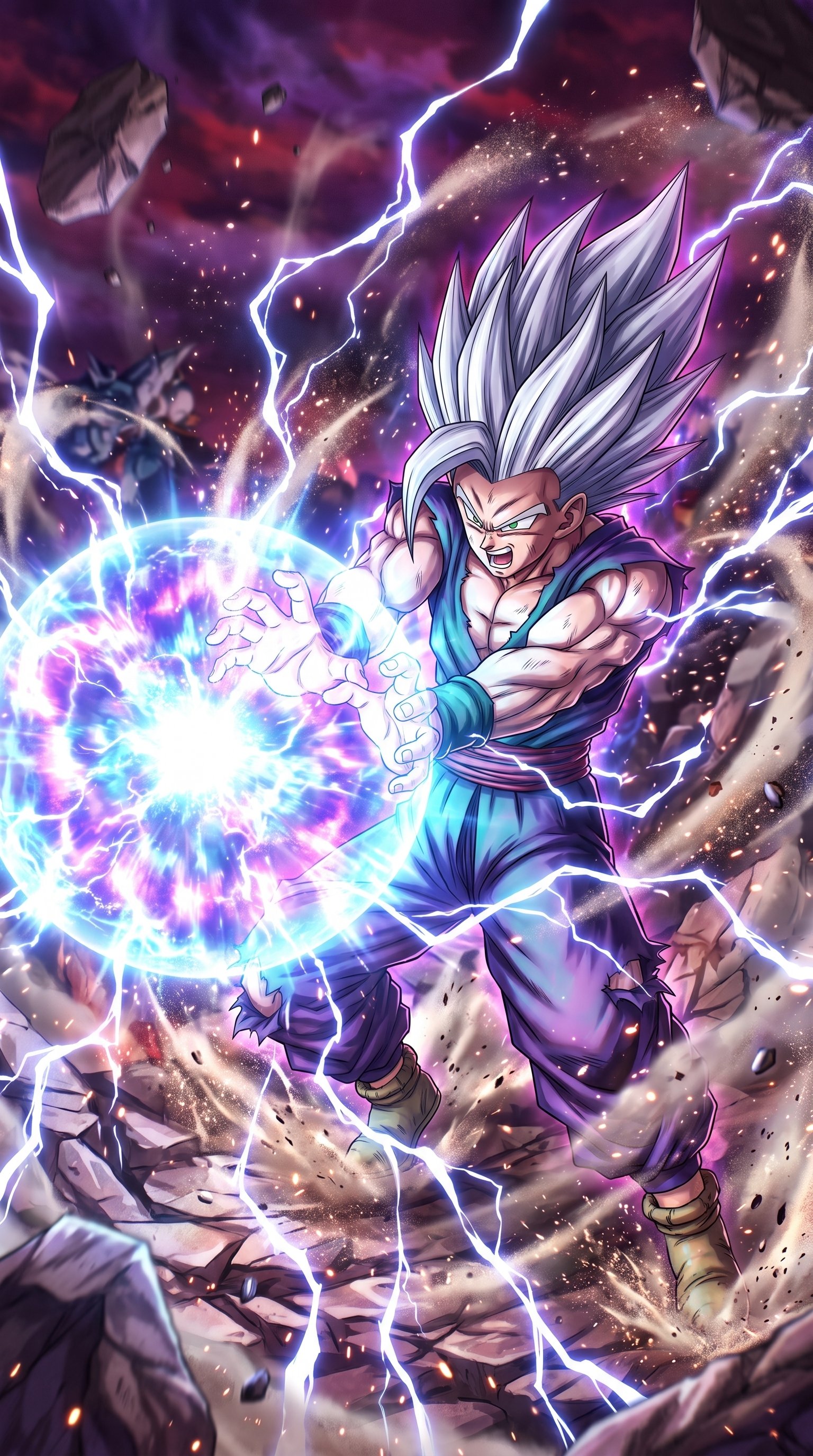 Beast Gohan with long silver hair, red glowing eyes, and purple-red energy aura