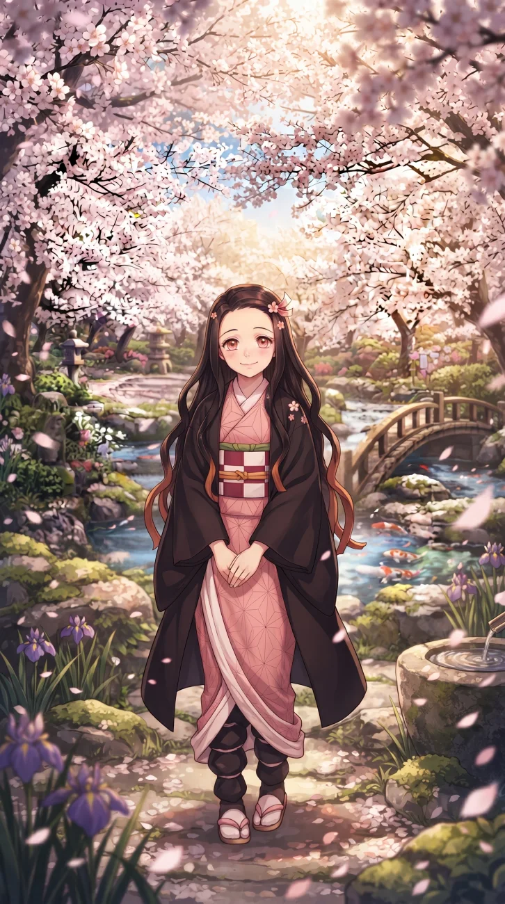 Minimalist illustration of chibi Nezuko Kamado peeking from Tanjiro's wooden box