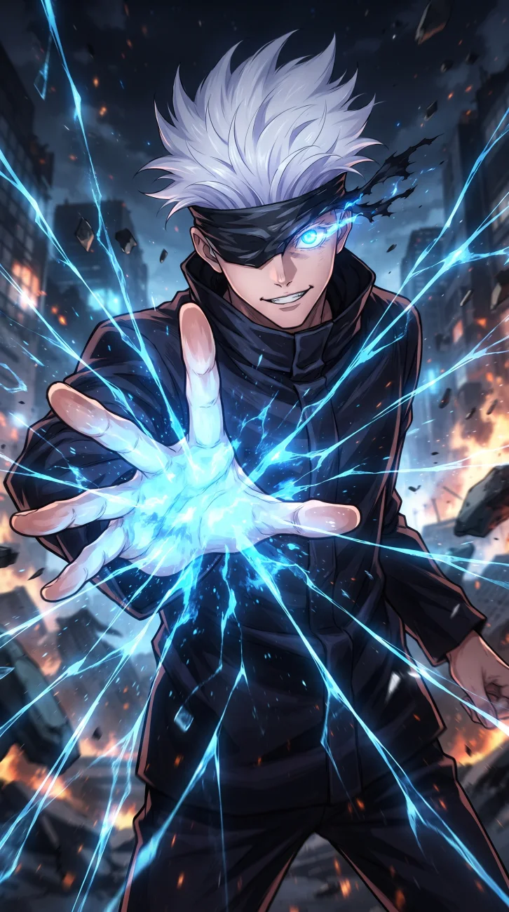 Close-up anime portrait of Gojo Satoru wearing a black blindfold, showing one glowing blue eye with purple cursed energy radiating around him.