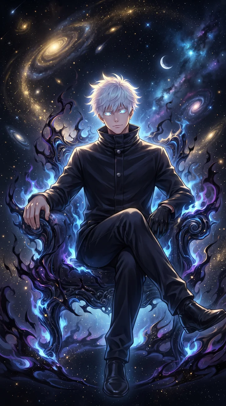 Satoru Gojo from Jujutsu Kaisen with white hair and a dark blindfold slightly pulled back, emitting glowing purple