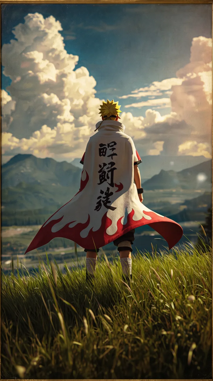 Minato Namikaze the Fourth Hokage wearing his cloak with Flying Raijin kunai in an action pose
