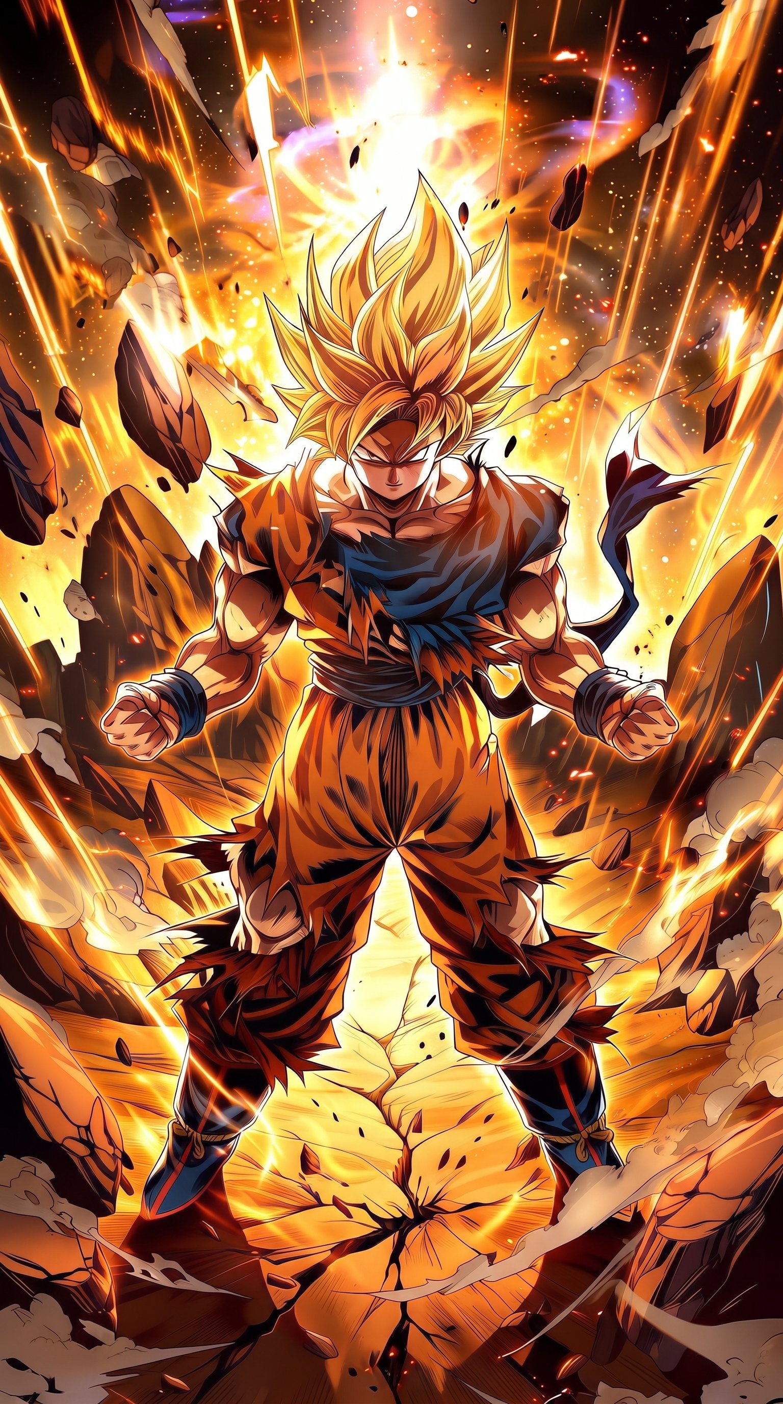 Goku from Dragon Ball standing in a powerful battle stance with glowing golden aura energy against a dark atmospheric background.