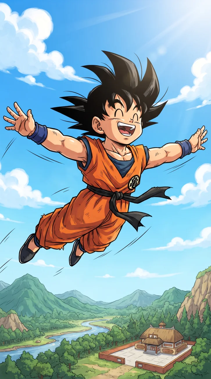 A bright and energetic wallpaper showing young Goku flying through the open sky above green mountains with a happy adventurous expression.