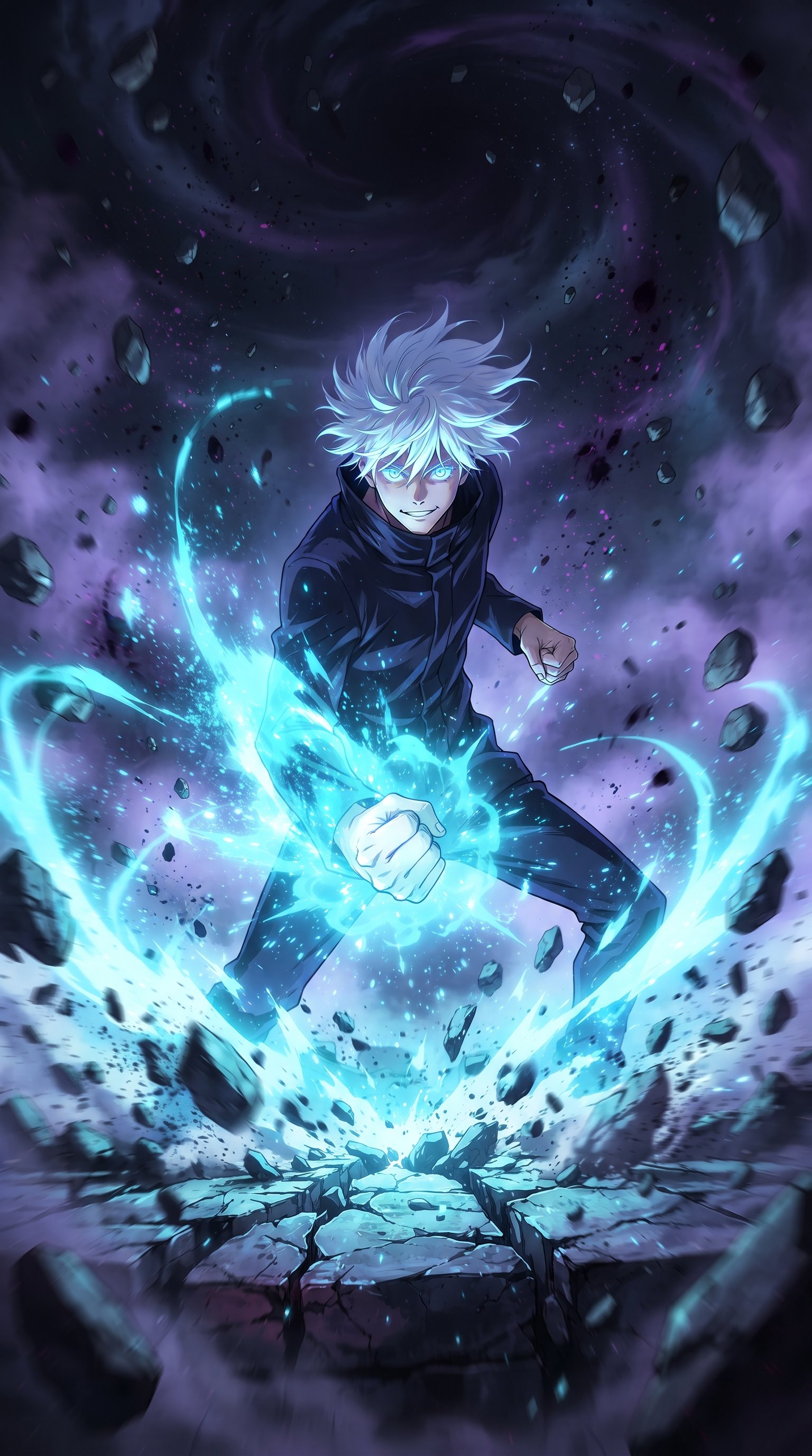 Satoru Gojo from Jujutsu Kaisen with white hair and a dark blindfold slightly pulled back, emitting glowing purple cursed energy against a dark background.