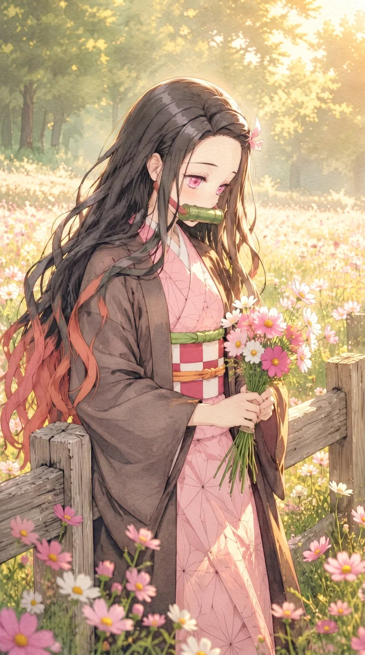 Detailed close-up portrait of Nezuko Kamado showing her pink eyes and kimono pattern