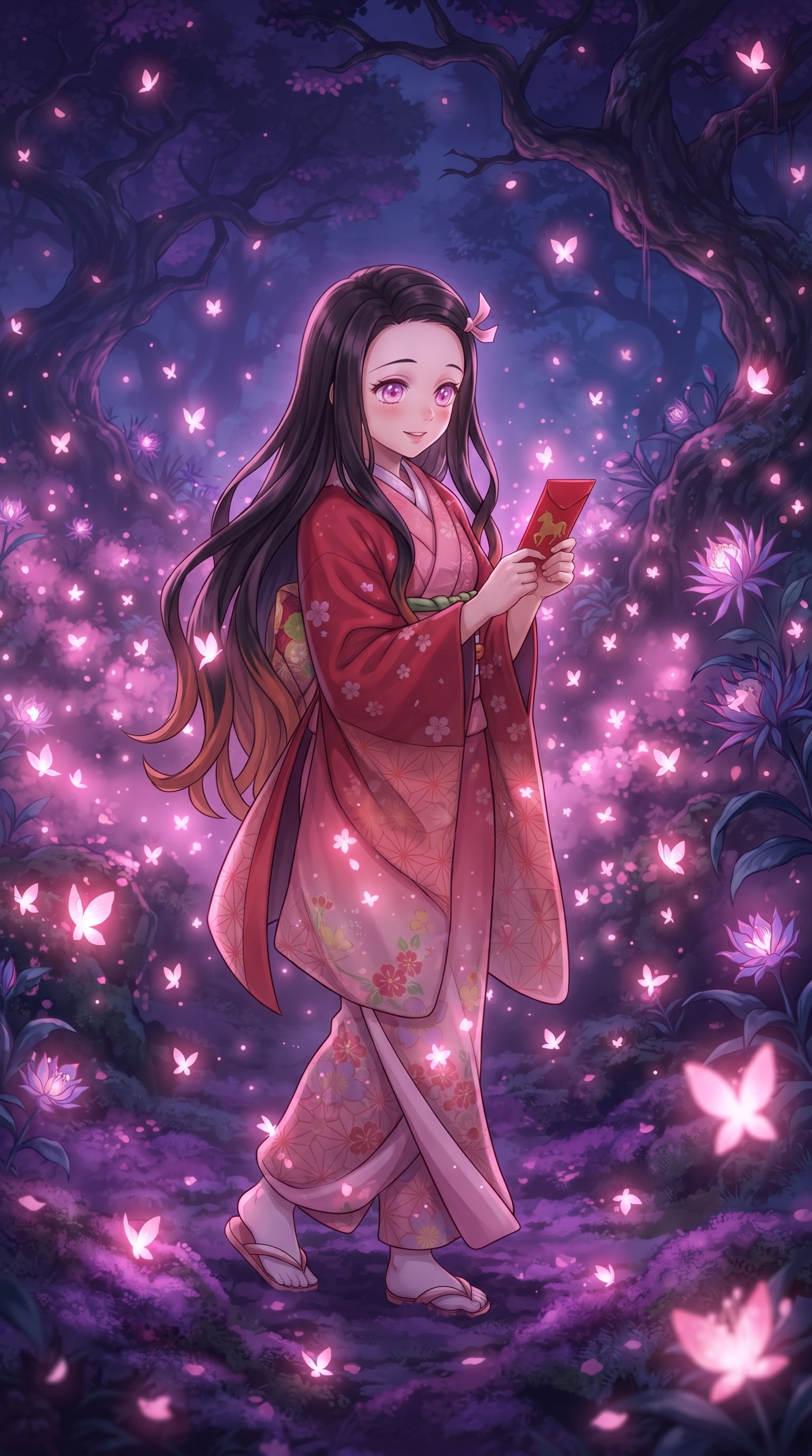 Nezuko Kamado in demon form with bamboo muzzle against a dark pink cherry blossom background