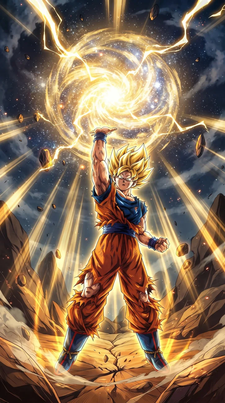 High-resolution 4K wallpaper featuring Goku from Dragon Ball in an epic battle pose surrounded by vibrant golden energy aura. Perfect for desktop monitors, laptop screens, and AMOLED mobile devices. Free to download in HD quality.