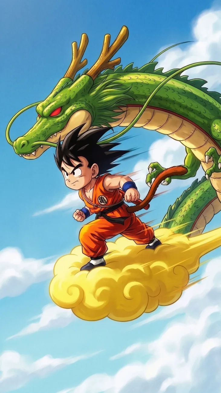 Goku Riding Flying Nimbus With Shenron Wallpaper