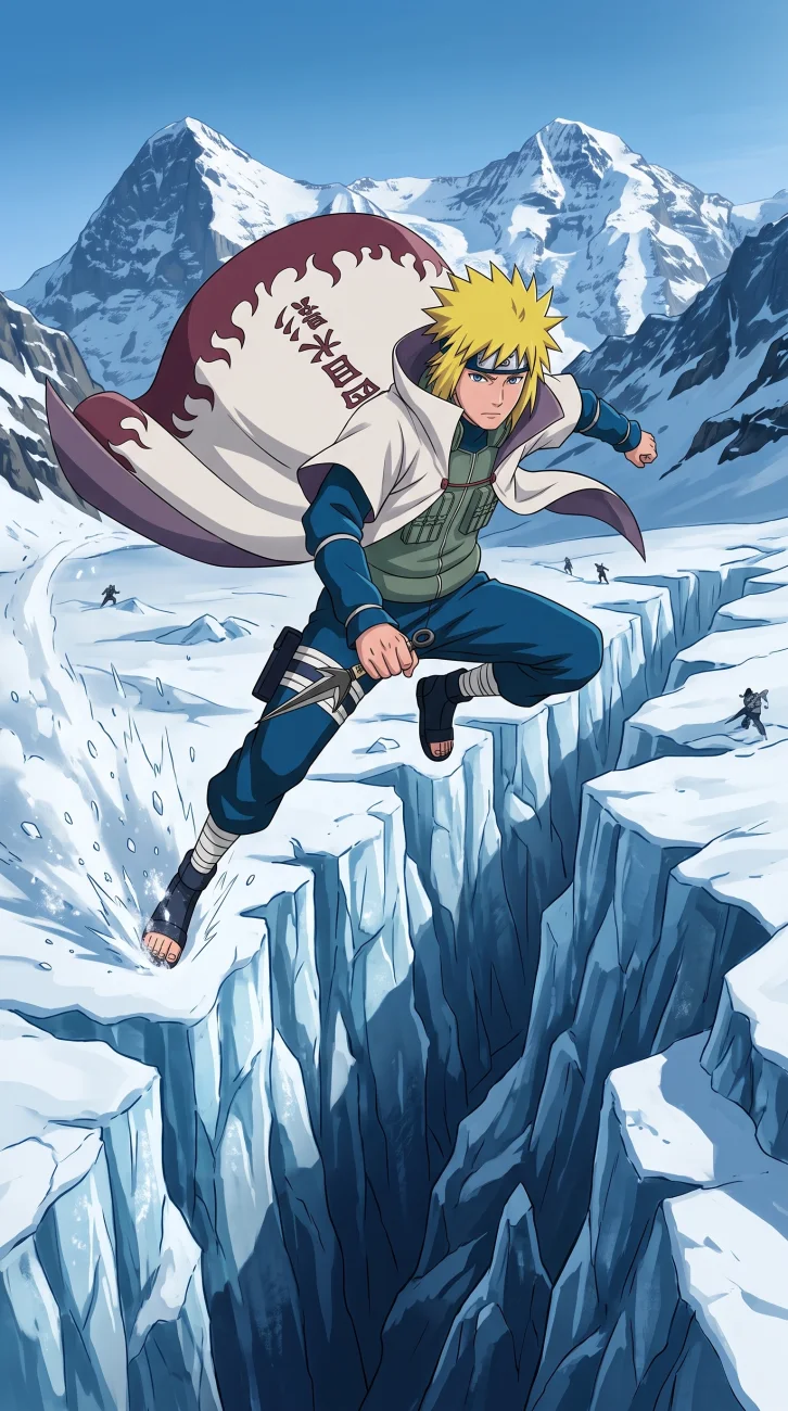 Minato Namikaze the Fourth Hokage wearing his cloak with Flying Raijin kunai in an action pose