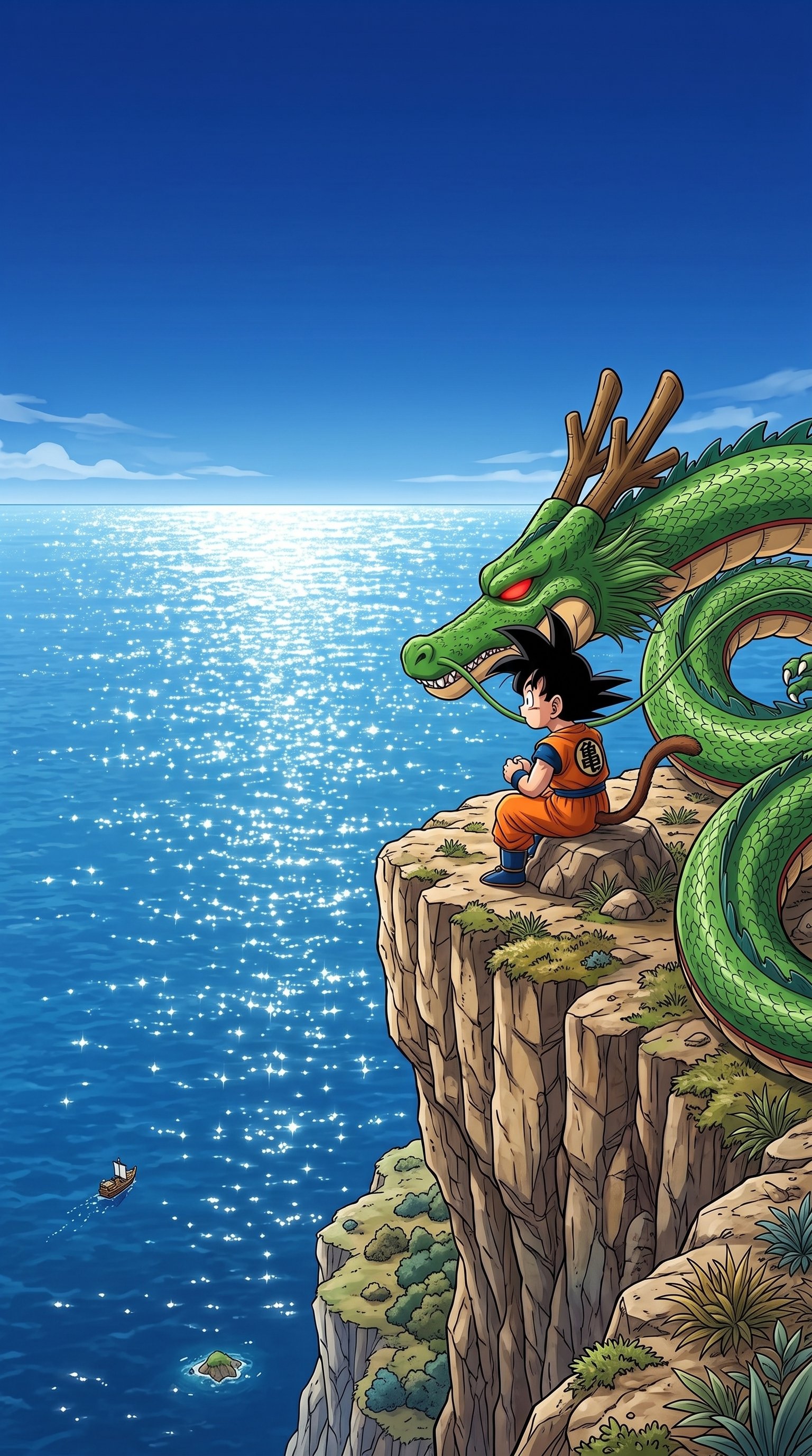A beautiful Dragon Ball wallpaper featuring young Goku and Shenron overlooking a vast blue ocean from a dramatic rocky cliff.