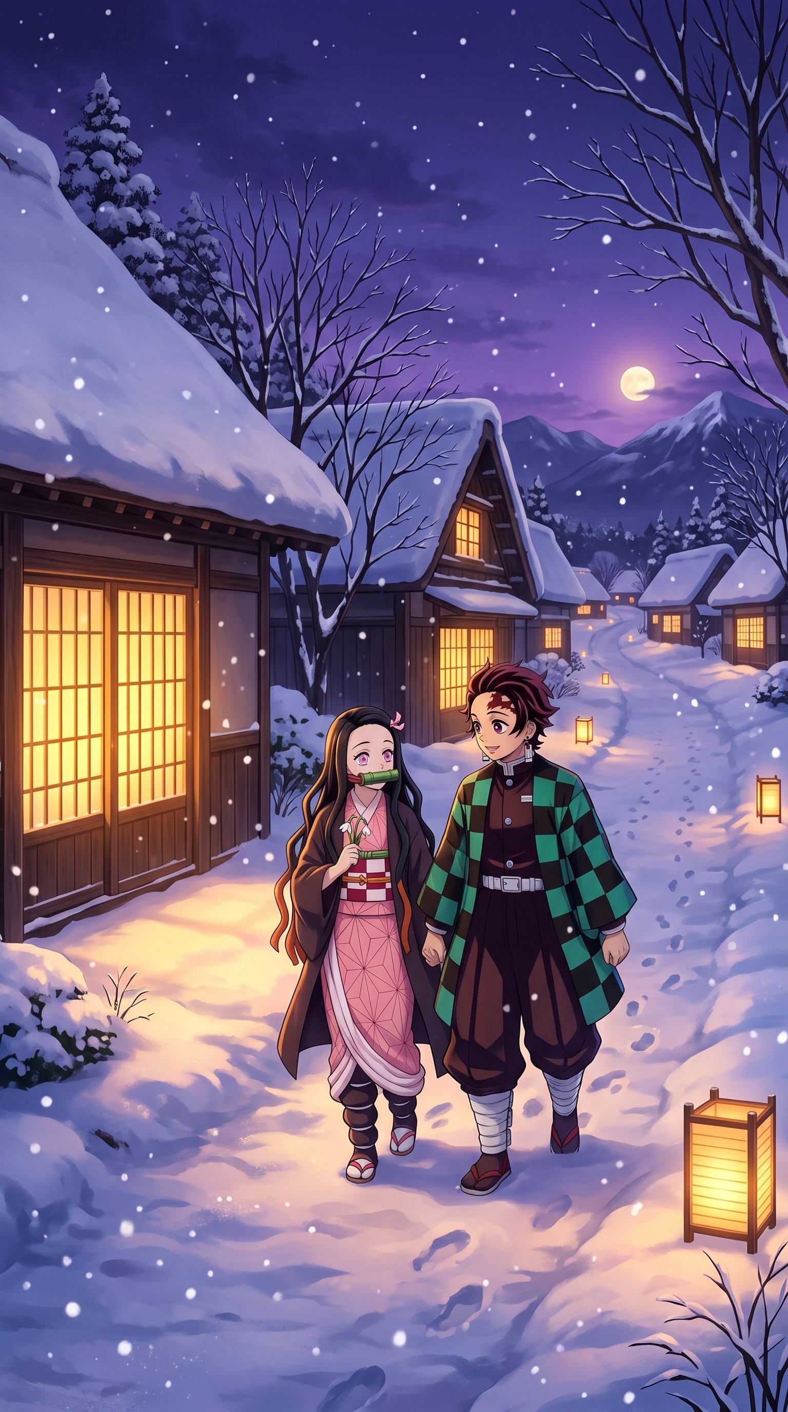 Tanjiro and Nezuko Kamado from Demon Slayer walking together on a snowy path in a traditional Japanese village illuminated by warm lanterns at night.