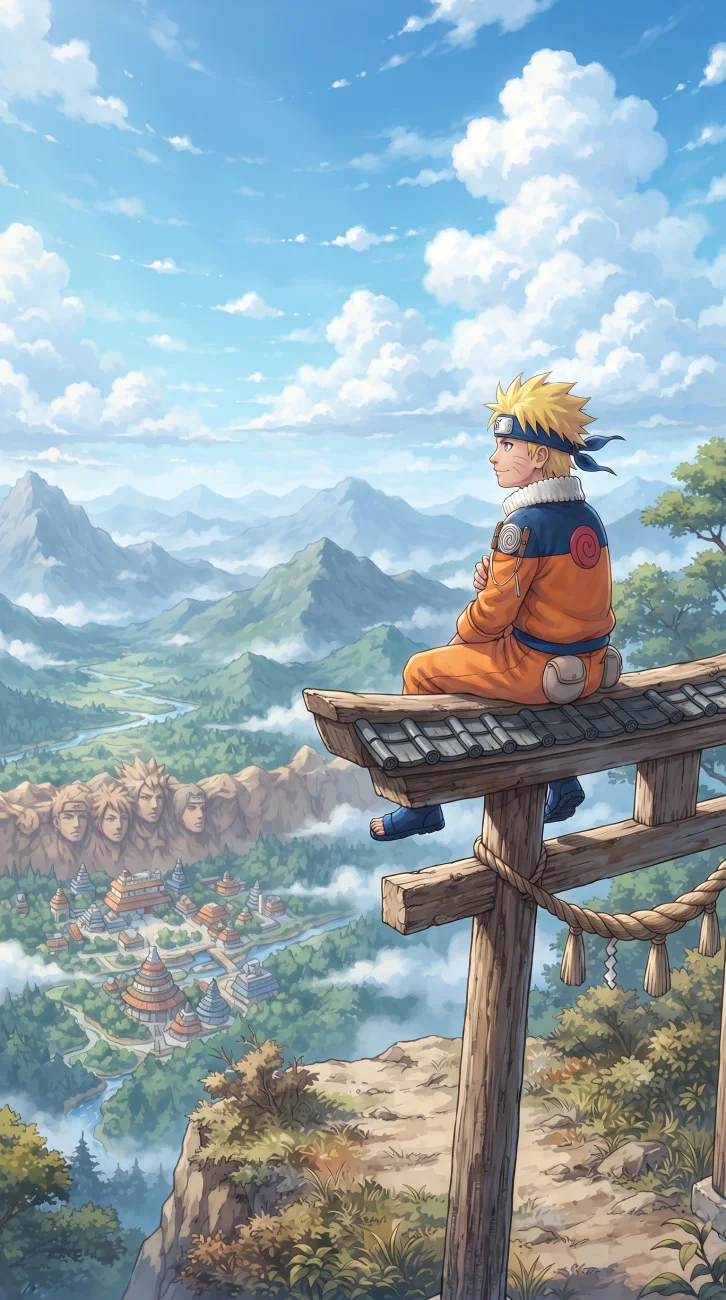 Naruto Uzumaki sitting on a rustic wooden gate in a peaceful outdoor setting.