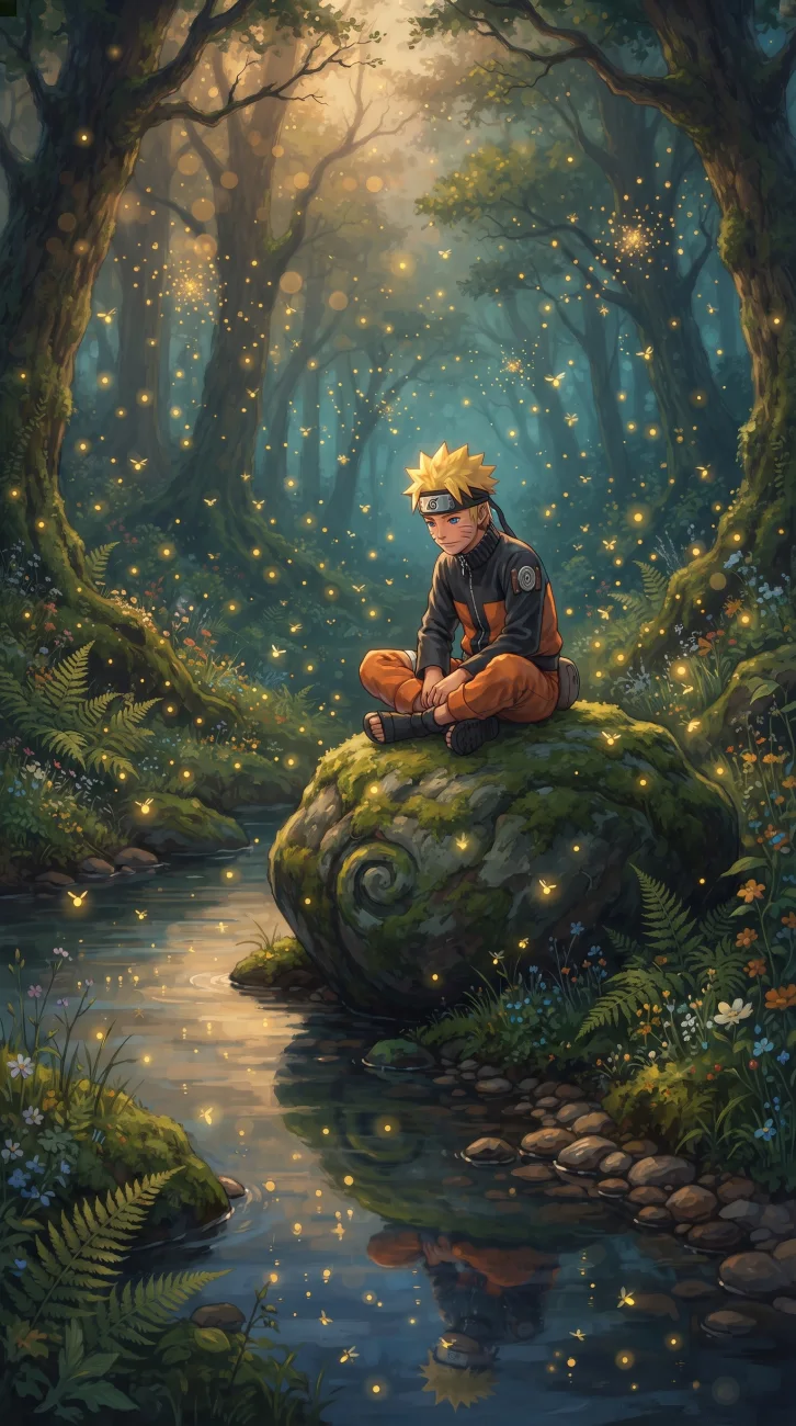 An anime boy sitting peacefully beside a flowing stream in a serene nature setting.