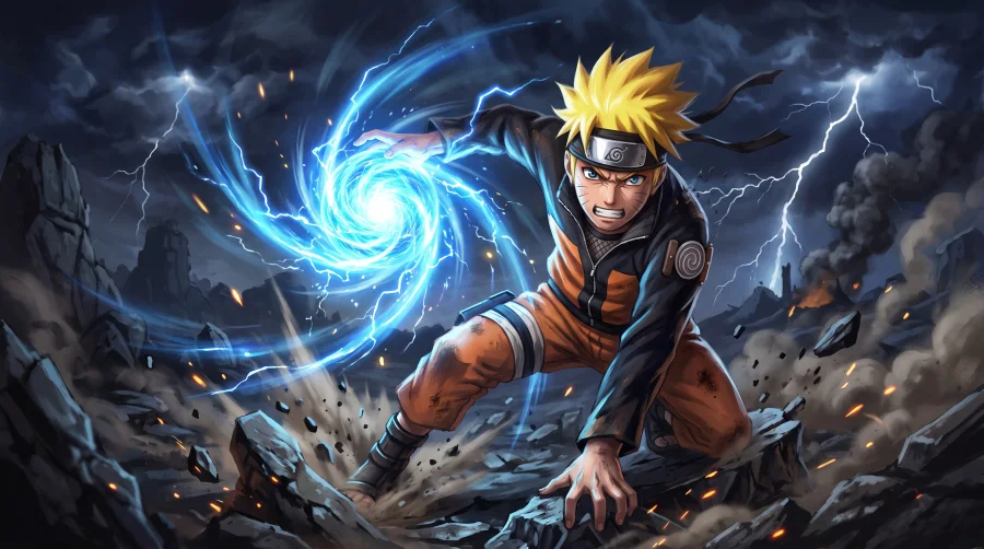Naruto Uzumaki in a fierce battle pose charging a glowing blue Rasengan with lightning and dark stormy clouds in the background.
