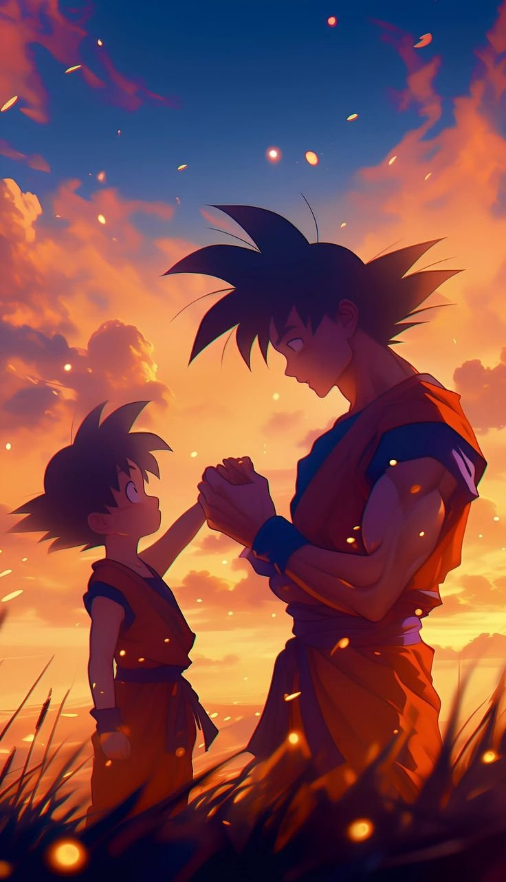 Silhouette of Goku and his young son holding hands in a grassy field against a vibrant orange sunset with floating glowing particles.