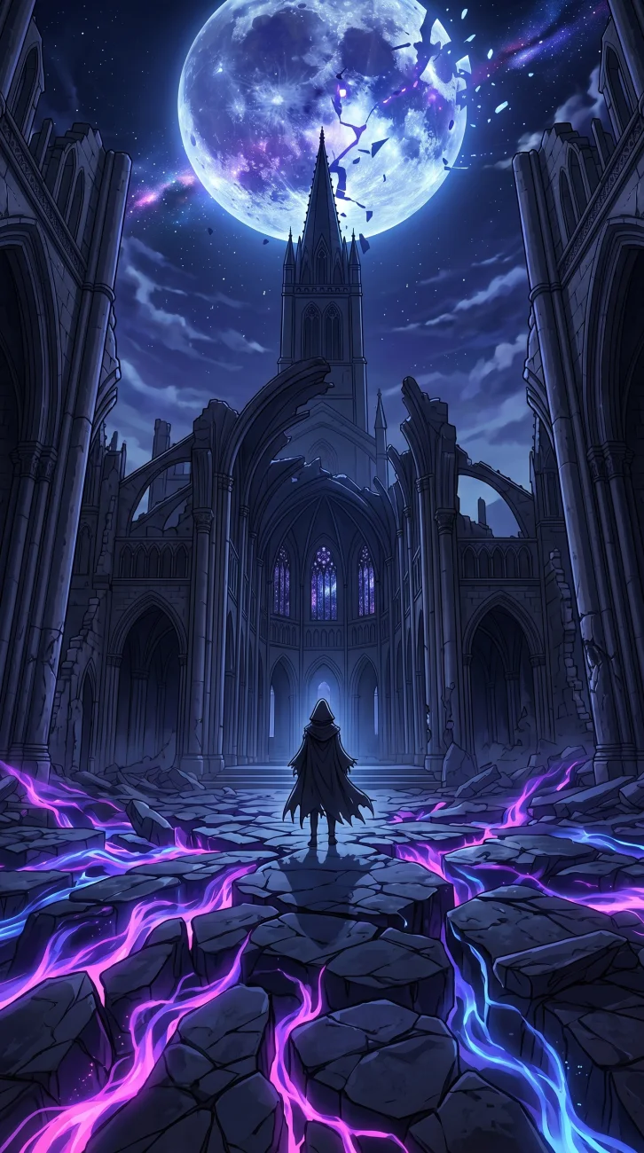 A lone cloaked figure standing inside a ruined gothic cathedral with glowing blue and purple cracks in the ground, looking up at a giant shattered moon in the night sky.
