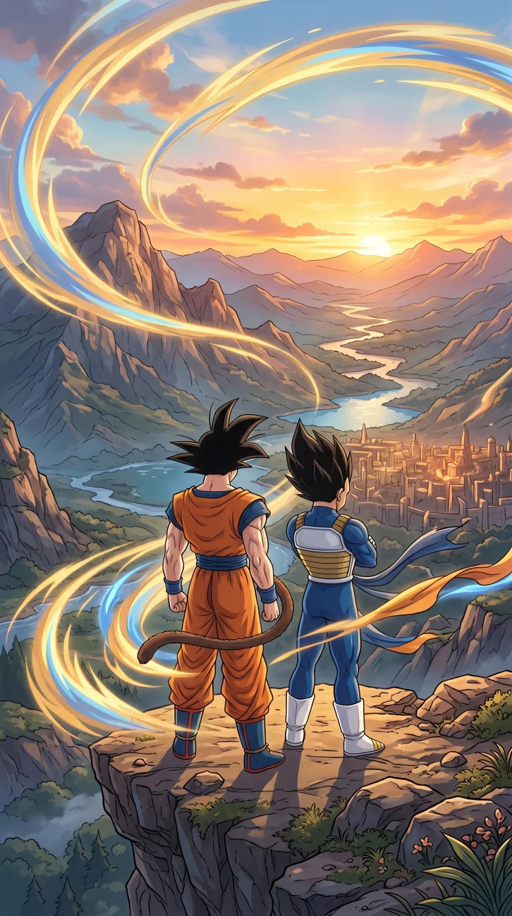 Back view of Goku and Vegeta standing on a rocky cliff, looking out over a winding river, mountains, and a distant city under a beautiful golden sunset.