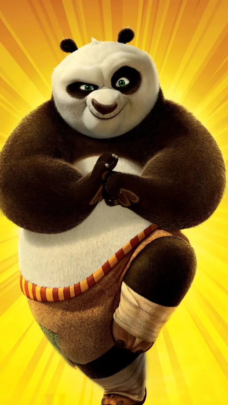 Po from Kung Fu Panda balancing on one leg and bringing his hands together in a martial arts greeting pose against a bright yellow radiating background.