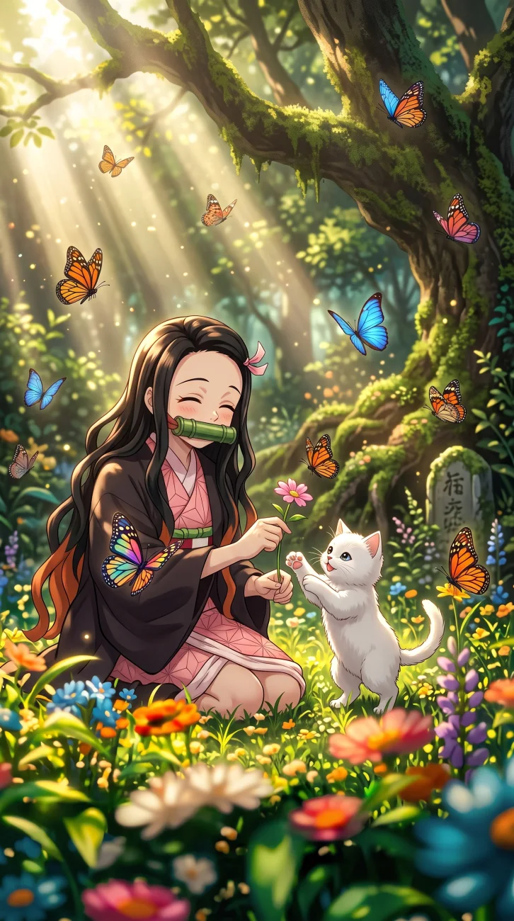 Nezuko Kamado from Demon Slayer playing with a white kitten and colorful butterflies in a lush, sunlit green forest.