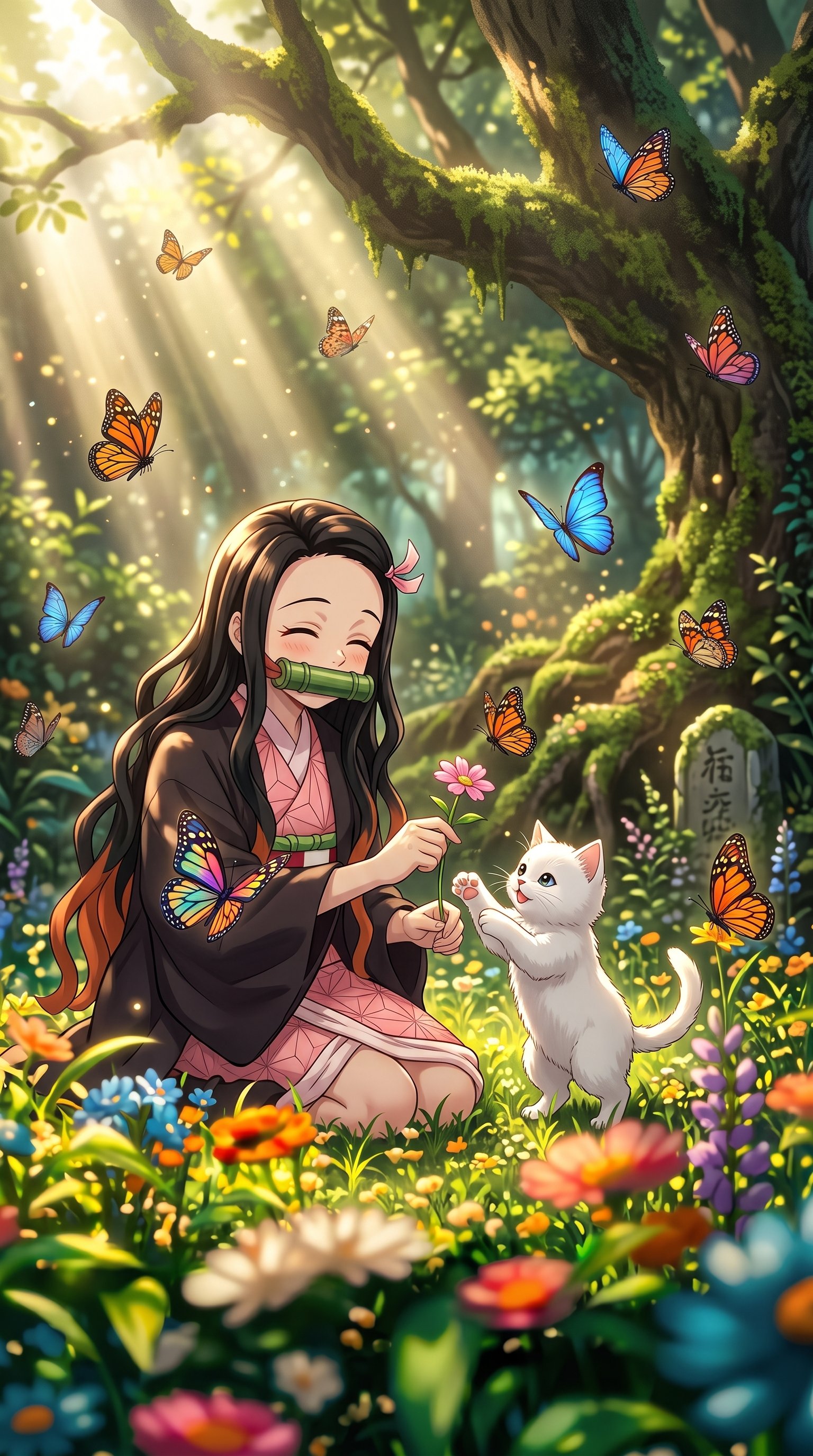 Nezuko Kamado from Demon Slayer playing with a white kitten and colorful butterflies in a lush, sunlit green forest.