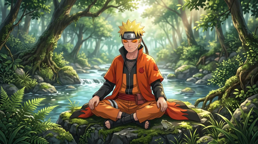 Naruto meditating by a rocky stream in a lush green forest, with a small frog sitting next to him.