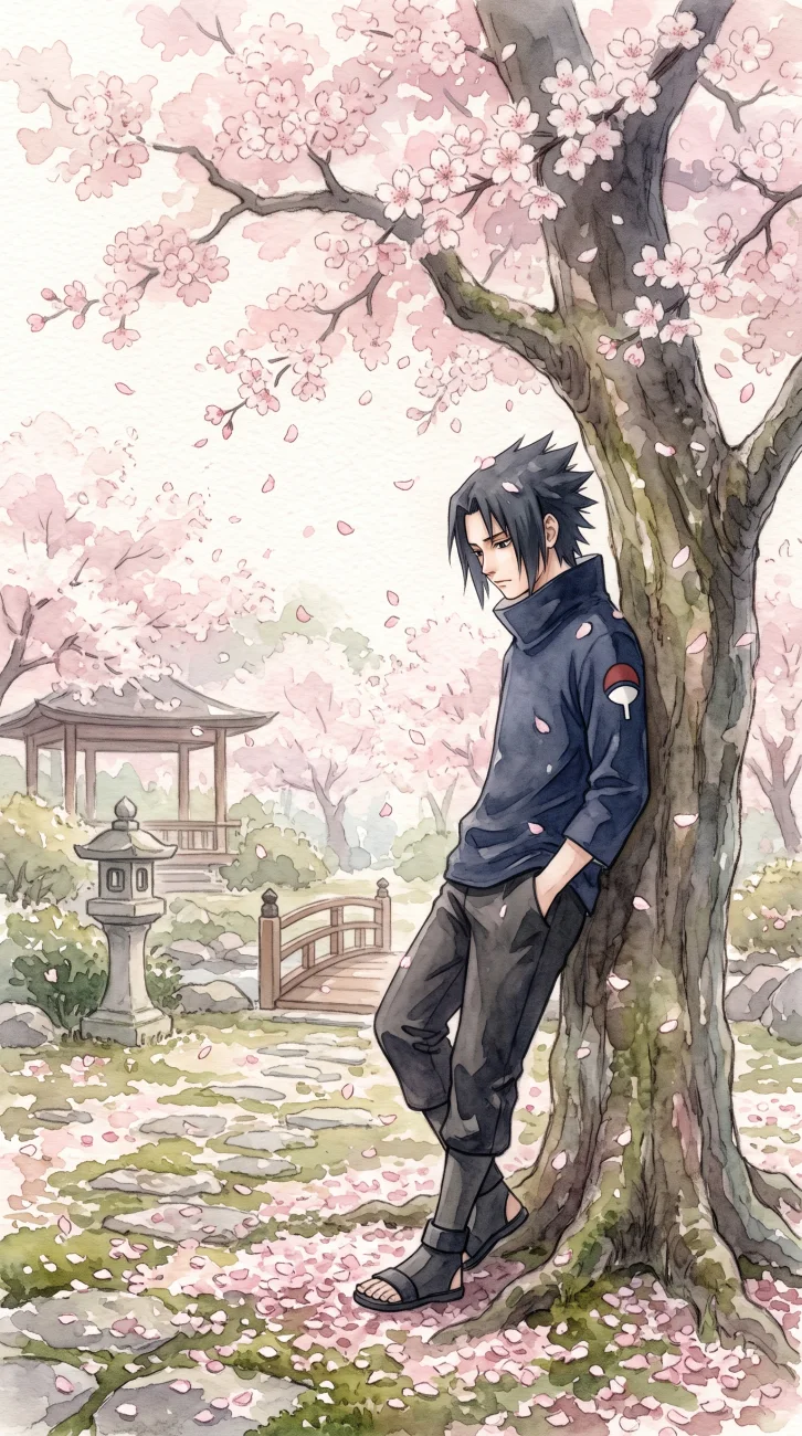 Watercolor illustration of Sasuke Uchiha from Naruto leaning against a large cherry blossom tree in a traditional Japanese garden, with falling pink petals, a stone lantern, and a small wooden bridge in the background.