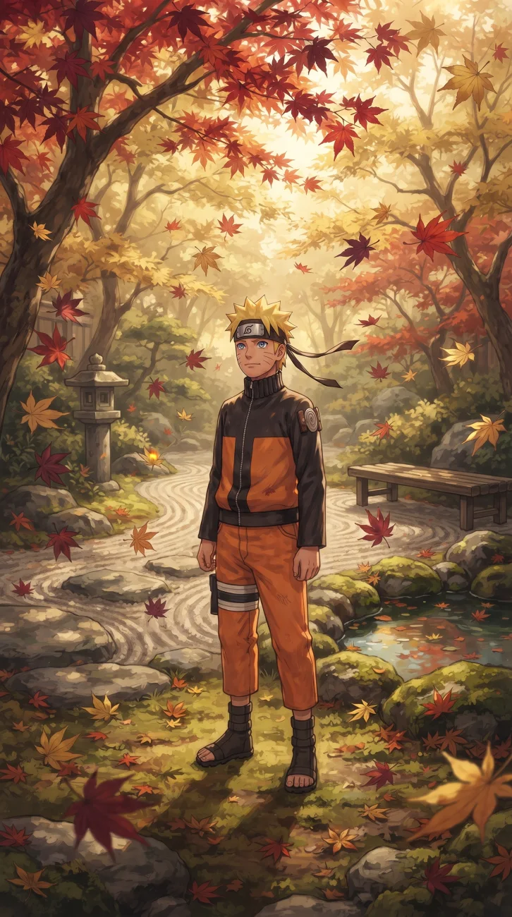 Naruto Uzumaki standing peacefully in a vibrant autumn garden surrounded by fall leaves.