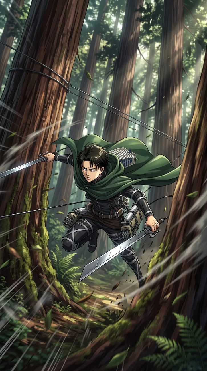 Levi Ackerman in his dark Survey Corps uniform flying swiftly through a dense, giant tree forest using ODM gear cables and dual blades.