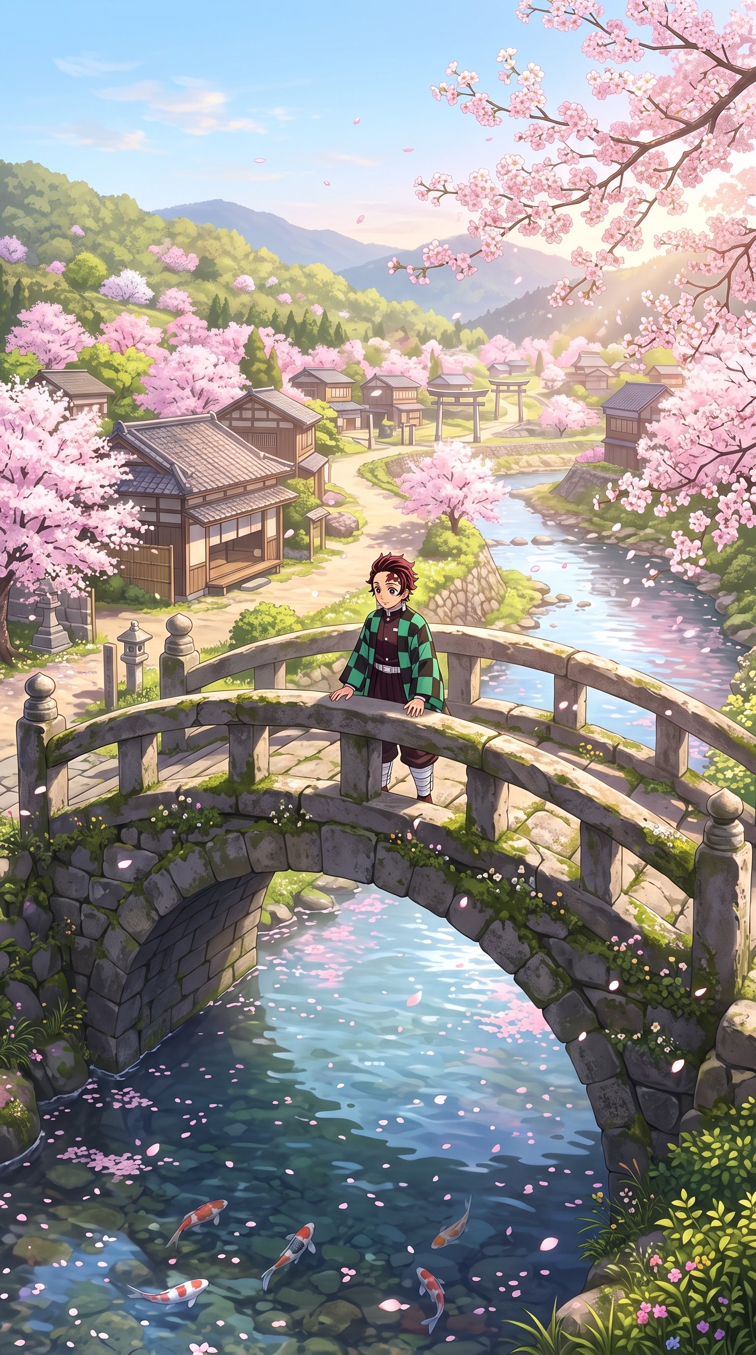Tanjiro Kamado standing on a traditional stone bridge over a river with koi fish, surrounded by spring cherry blossoms.