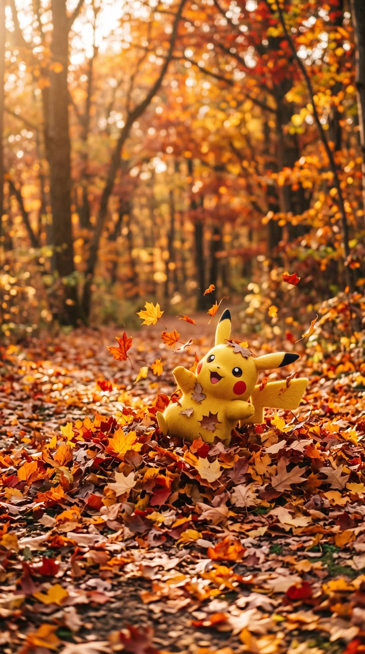 A happy Pikachu sitting in a sunlit forest path, playfully tossing bright orange and red autumn leaves into the air.