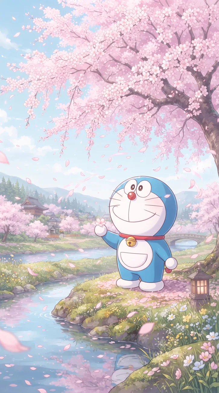 Doraemon standing under a blooming cherry blossom tree with falling pink sakura petals