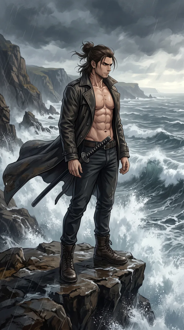A muscular Eren Yeager from Attack on Titan standing on a rugged cliff edge overlooking a vast landscape.