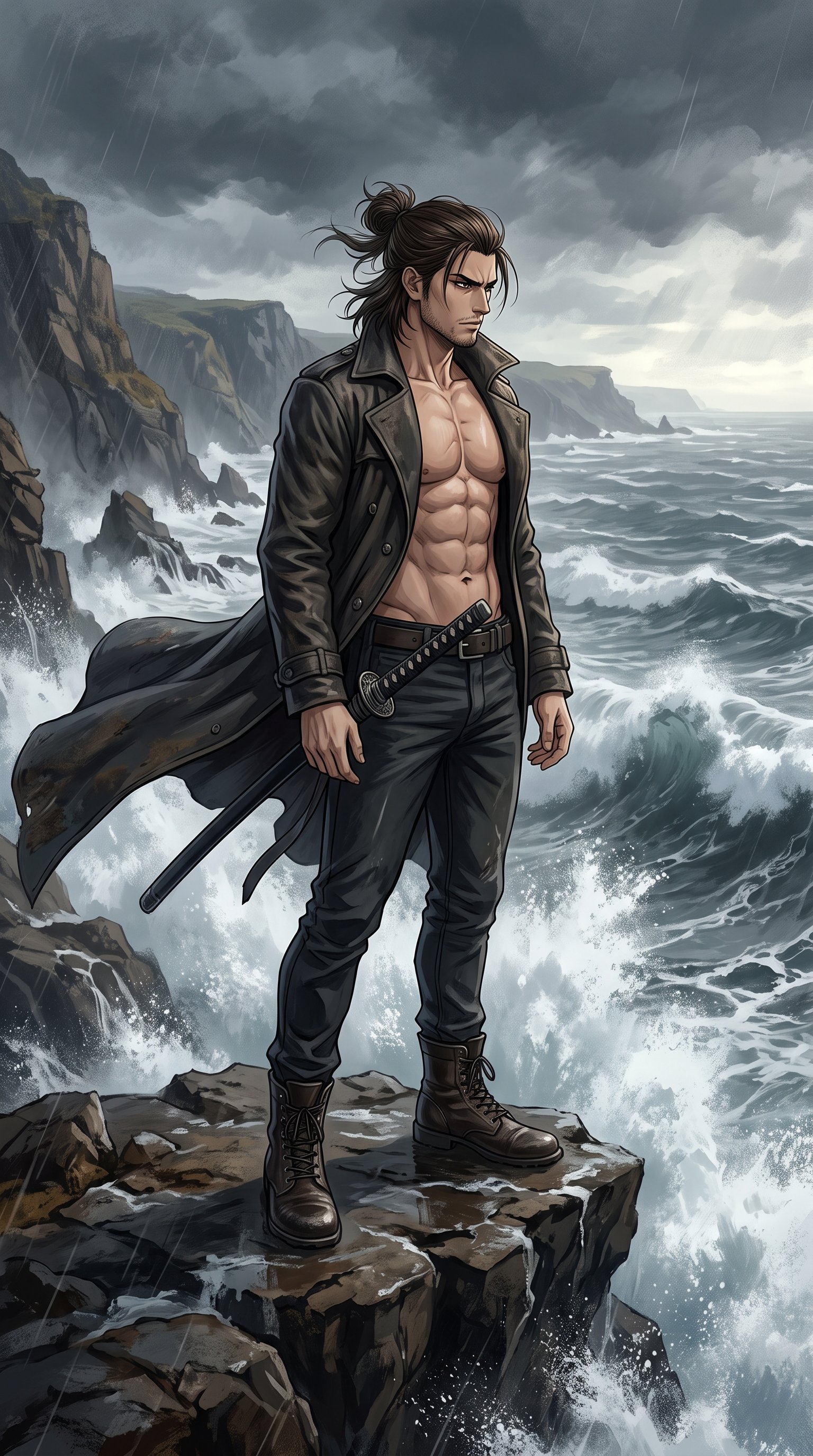 A muscular Eren Yeager from Attack on Titan standing on a rugged cliff edge overlooking a vast landscape.