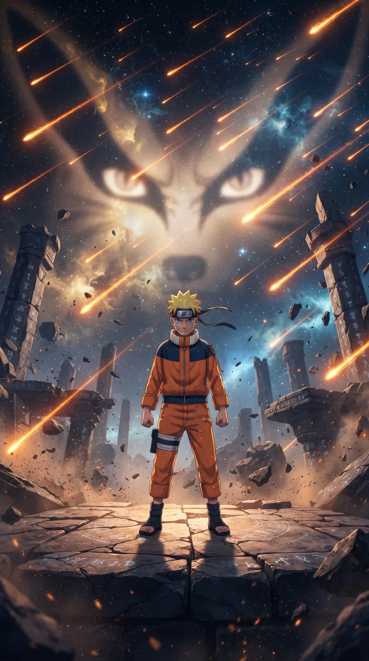 Naruto Uzumaki standing amidst a surreal and glowing cosmic void in space.