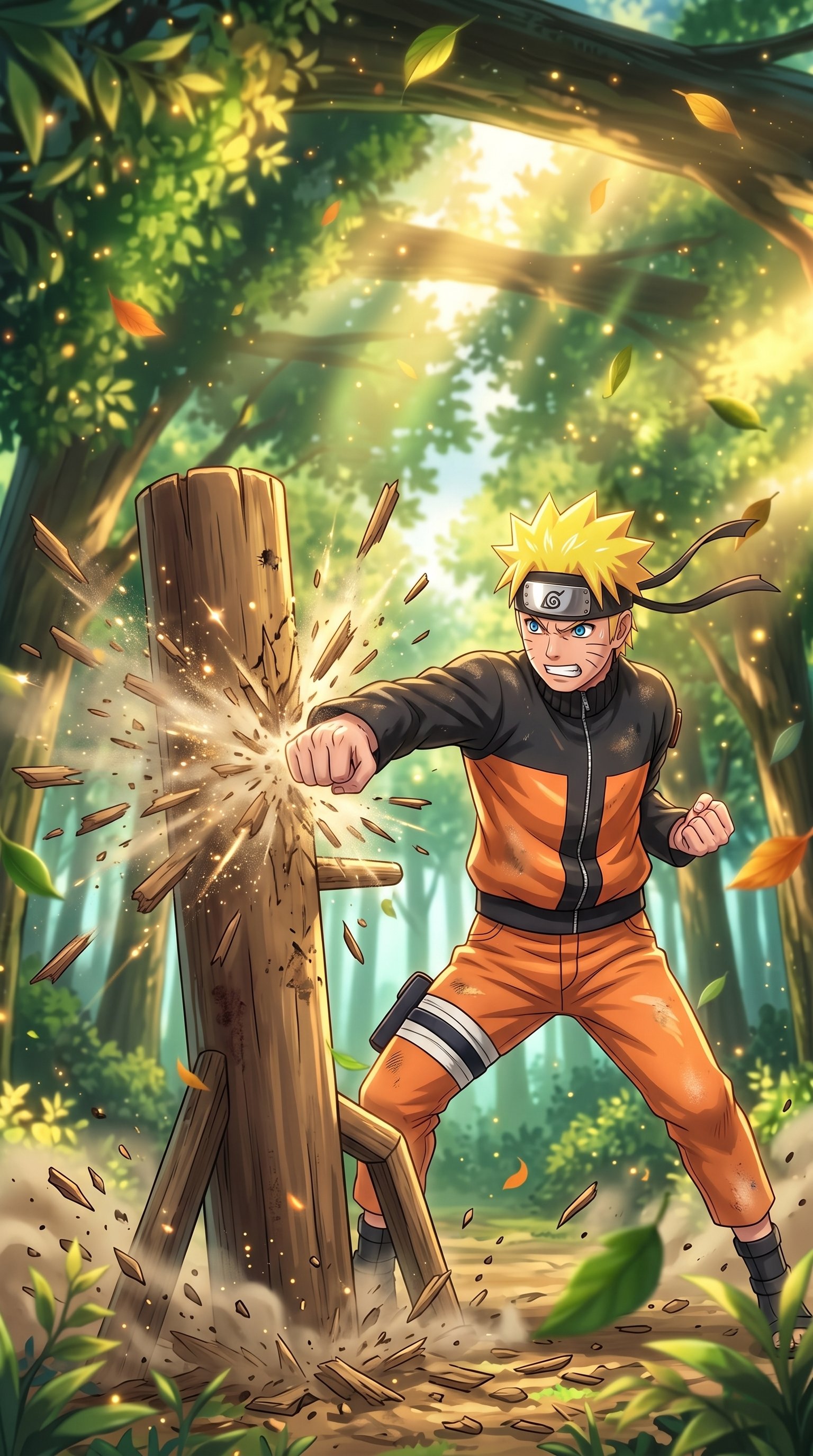 Naruto Uzumaki punching and shattering a wooden training dummy in a sunlit forest in 2K resolution.