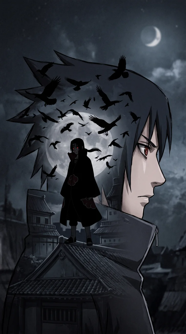 A vertical illustration of Sasuke Uchiha's side profile with a red Sharingan eye. His dark silhouette acts as a frame, revealing an inner scene of Itachi Uchiha in his Akatsuki cloak standing on a traditional Japanese rooftop under a bright full moon, surrounded by a flock of flying black crows against a dark night sky.
