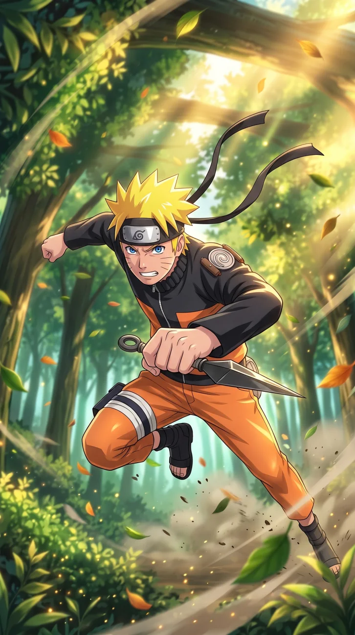 Naruto Uzumaki running forward through a sunlit forest holding a kunai in 2K resolution.