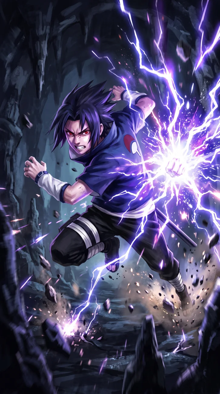 An action illustration of Sasuke Uchiha from Naruto lunging forward with a glowing red Sharingan eye, charging a crackling purple lightning Chidori attack that blasts the rocky cavern floor apart