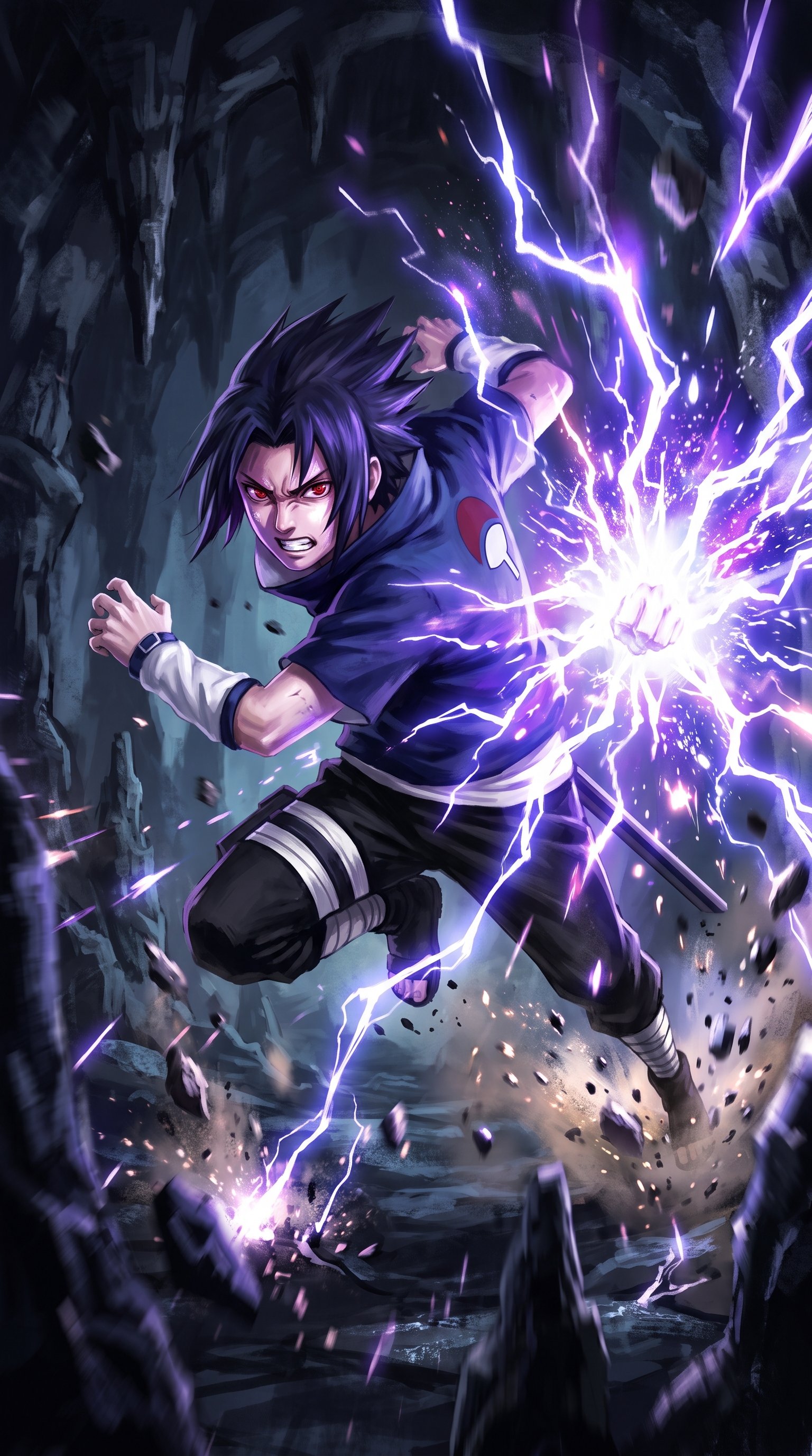 An action illustration of Sasuke Uchiha from Naruto lunging forward with a glowing red Sharingan eye, charging a crackling purple lightning Chidori attack that blasts the rocky cavern floor apart