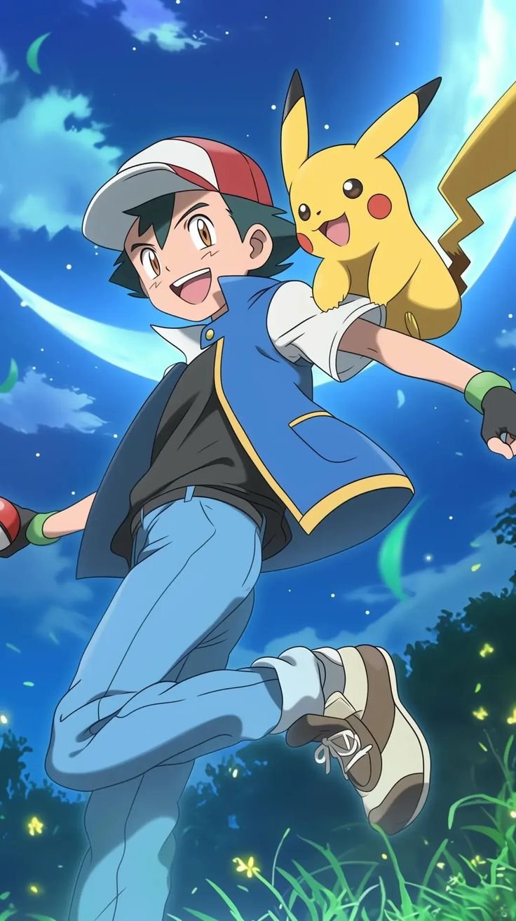 Ash Ketchum running enthusiastically with Pikachu on his shoulder, set against a magical dark blue night sky with a large crescent moon, glowing stars, and grassy scenery.