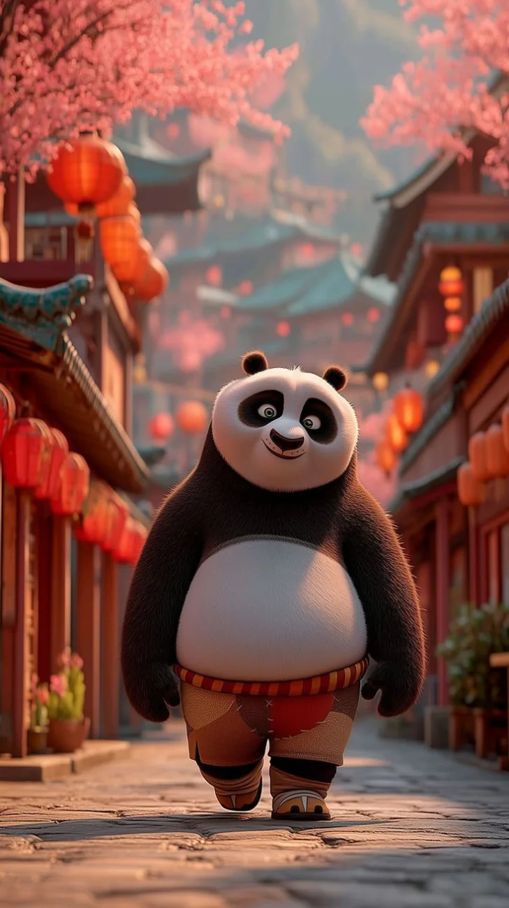Po from Kung Fu Panda walking down a cobblestone path in a traditional Chinese village adorned with glowing red lanterns and blooming pink cherry blossoms.
