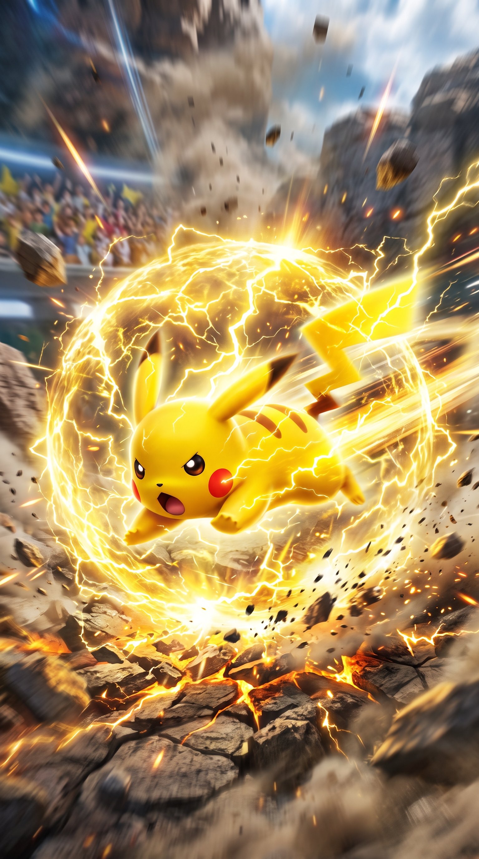 Pikachu surrounded by a glowing spherical aura of yellow electricity, dashing forward at high speed and kicking up rocks in an arena.